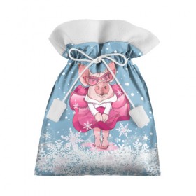 Подарочный 3D мешок с принтом Свинка в розовом в Санкт-Петербурге, 100% полиэстер | Размер: 29*39 см | Тематика изображения на принте: 2019 | год свиньи | милая свинка | новогодний подарок | новый год | новый год 2019 | подарок на новый год | прикольная свинка | свинка в розовом | свинья | символ 2019 года | снег | снежинки