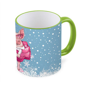 Кружка 3D с принтом Свинка в розовом в Санкт-Петербурге, керамика | ёмкость 330 мл | Тематика изображения на принте: 2019 | год свиньи | милая свинка | новогодний подарок | новый год | новый год 2019 | подарок на новый год | прикольная свинка | свинка в розовом | свинья | символ 2019 года | снег | снежинки