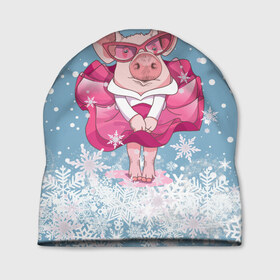 Шапка 3D с принтом Свинка в розовом в Санкт-Петербурге, 100% полиэстер | универсальный размер, печать по всей поверхности изделия | 2019 | год свиньи | милая свинка | новогодний подарок | новый год | новый год 2019 | подарок на новый год | прикольная свинка | свинка в розовом | свинья | символ 2019 года | снег | снежинки