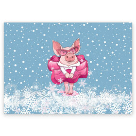 Поздравительная открытка с принтом Свинка в розовом в Санкт-Петербурге, 100% бумага | плотность бумаги 280 г/м2, матовая, на обратной стороне линовка и место для марки
 | Тематика изображения на принте: 2019 | год свиньи | милая свинка | новогодний подарок | новый год | новый год 2019 | подарок на новый год | прикольная свинка | свинка в розовом | свинья | символ 2019 года | снег | снежинки
