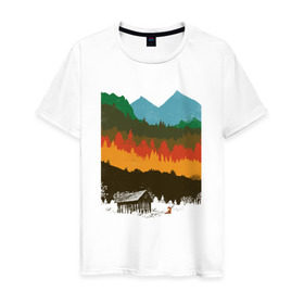 Мужская футболка хлопок с принтом Дикая природа в Санкт-Петербурге, 100% хлопок | прямой крой, круглый вырез горловины, длина до линии бедер, слегка спущенное плечо. | горы | дикая природа | дом | лес | лиса | минимализм | развалины | сарай