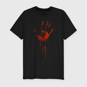 Мужская футболка хлопок Slim с принтом Отпечаток руки в Санкт-Петербурге, 92% хлопок, 8% лайкра | приталенный силуэт, круглый вырез ворота, длина до линии бедра, короткий рукав | halloween | костюм на хэллоуин | кровавая рука | кровавый отпечаток | кровь | рисунок кровью | футболка для хэллоуина | хэллоуин