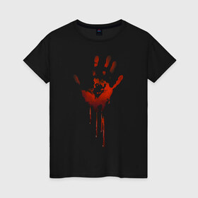 Женская футболка хлопок с принтом Отпечаток руки в Санкт-Петербурге, 100% хлопок | прямой крой, круглый вырез горловины, длина до линии бедер, слегка спущенное плечо | halloween | костюм на хэллоуин | кровавая рука | кровавый отпечаток | кровь | рисунок кровью | футболка для хэллоуина | хэллоуин