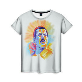 Женская футболка 3D с принтом Freddie Mercury в Санкт-Петербурге, 100% полиэфир ( синтетическое хлопкоподобное полотно) | прямой крой, круглый вырез горловины, длина до линии бедер | freddie mercury | queen | фредди меркьюри