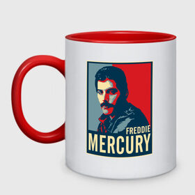 Кружка двухцветная с принтом Freddie Mercury в Санкт-Петербурге, керамика | объем — 330 мл, диаметр — 80 мм. Цветная ручка и кайма сверху, в некоторых цветах — вся внутренняя часть | freddie mercury | queen | фредди меркьюри