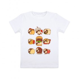 Детская футболка хлопок с принтом Мопсы в Санкт-Петербурге, 100% хлопок | круглый вырез горловины, полуприлегающий силуэт, длина до линии бедер | fastfood | pug | бургер | еда | кола | пицца | собака | фастфуд | хотдог | чипсы | шаурма