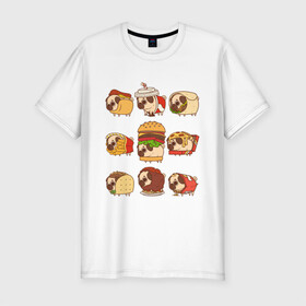 Мужская футболка хлопок Slim с принтом Мопсы в Санкт-Петербурге, 92% хлопок, 8% лайкра | приталенный силуэт, круглый вырез ворота, длина до линии бедра, короткий рукав | fastfood | pug | бургер | еда | кола | пицца | собака | фастфуд | хотдог | чипсы | шаурма
