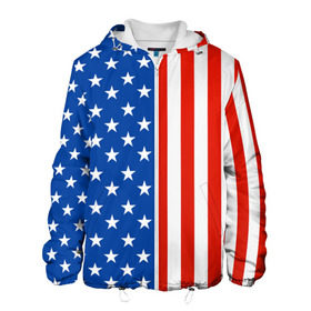 Мужская куртка 3D с принтом Американский Флаг в Санкт-Петербурге, ткань верха — 100% полиэстер, подклад — флис | прямой крой, подол и капюшон оформлены резинкой с фиксаторами, два кармана без застежек по бокам, один большой потайной карман на груди. Карман на груди застегивается на липучку | америка | вашингтон | звезды | патриот | сша | трамп | триколор