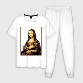 Мужская пижама хлопок с принтом Fuck from Mona Lisa в Санкт-Петербурге, 100% хлопок | брюки и футболка прямого кроя, без карманов, на брюках мягкая резинка на поясе и по низу штанин
 | женщина | искусство | картина | лиза | мона | палец