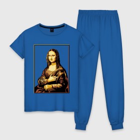 Женская пижама хлопок с принтом Fuck from Mona Lisa в Санкт-Петербурге, 100% хлопок | брюки и футболка прямого кроя, без карманов, на брюках мягкая резинка на поясе и по низу штанин | женщина | искусство | картина | лиза | мона | палец