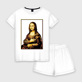Женская пижама с шортиками хлопок с принтом Fuck from Mona Lisa в Санкт-Петербурге, 100% хлопок | футболка прямого кроя, шорты свободные с широкой мягкой резинкой | женщина | искусство | картина | лиза | мона | палец