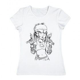 Женская футболка хлопок с принтом Yo-landi (светлые) в Санкт-Петербурге, 100% хлопок | прямой крой, круглый вырез горловины, длина до линии бедер, слегка спущенное плечо | девушка | контур | линиями | нервана | пушки. пистолеты | смайл | хип хоп | юар