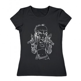 Женская футболка хлопок с принтом Yo-landi (тёмное) в Санкт-Петербурге, 100% хлопок | прямой крой, круглый вырез горловины, длина до линии бедер, слегка спущенное плечо | девушка | контур | линиями | нервана | пушки. пистолеты | смайл | хип хоп | юар