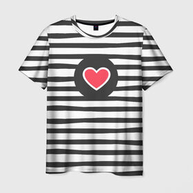 Мужская футболка 3D с принтом Сердце в полоску в Санкт-Петербурге, 100% полиэфир | прямой крой, круглый вырез горловины, длина до линии бедер | black | lines | mochino | белый | москино | полоски | полосы | сердечко | сердце | черный