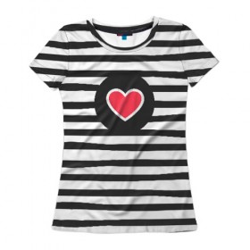 Женская футболка 3D с принтом Сердце в полоску в Санкт-Петербурге, 100% полиэфир ( синтетическое хлопкоподобное полотно) | прямой крой, круглый вырез горловины, длина до линии бедер | black | lines | mochino | белый | москино | полоски | полосы | сердечко | сердце | черный