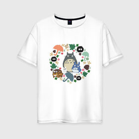 Женская футболка хлопок Oversize с принтом Totoro в Санкт-Петербурге, 100% хлопок | свободный крой, круглый ворот, спущенный рукав, длина до линии бедер
 | forest | friend | ghibli | japan | keeper | nature | neigbor | neighbour | totoro | анимация | аниме | гибли | дерево | друг | животные | лес | любовь | милый | мир | миядзаки | мульт | мультфильм | природа | сосед | тоторо | хранитель