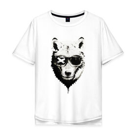 Мужская футболка хлопок Oversize с принтом wolf with glasses в Санкт-Петербурге, 100% хлопок | свободный крой, круглый ворот, “спинка” длиннее передней части | Тематика изображения на принте: wolf | волк | волк в очках | голова | животное | животное в очках | зверь. | мода | модное | очки | пес | собака | хипстер