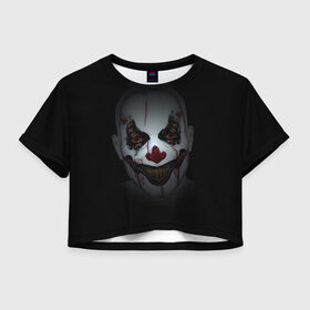 Женская футболка Cropp-top с принтом Клоун убийца в Санкт-Петербурге, 100% полиэстер | круглая горловина, длина футболки до линии талии, рукава с отворотами | глаза | кино | клоун | мрак | ужас | ужасы
