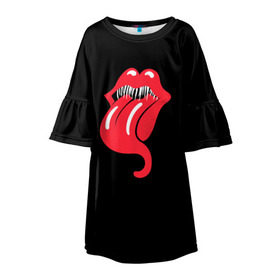 Детское платье 3D с принтом Monsters Kiss в Санкт-Петербурге, 100% полиэстер | прямой силуэт, чуть расширенный к низу. Круглая горловина, на рукавах — воланы | halloween | jagger | lips | mick | monster | rock | rolling | stones | tongue | tooth | вольные | губы | джаггер | зубы | камни | катящиеся | мик | монстер | рок | странники | хеллоуин | хэллоуин | язык
