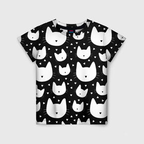 Детская футболка 3D с принтом Love Cats Pattern в Санкт-Петербурге, 100% гипоаллергенный полиэфир | прямой крой, круглый вырез горловины, длина до линии бедер, чуть спущенное плечо, ткань немного тянется | белый | кот | котенок | котэ | котя | котята | кошка | любовь | мимими | паттерн | сердечки | сердце | силуэт | черный | я люблю кошек