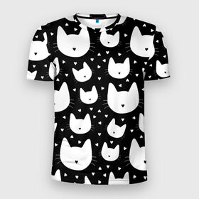 Мужская футболка 3D спортивная с принтом Love Cats Pattern в Санкт-Петербурге, 100% полиэстер с улучшенными характеристиками | приталенный силуэт, круглая горловина, широкие плечи, сужается к линии бедра | белый | кот | котенок | котэ | котя | котята | кошка | любовь | мимими | паттерн | сердечки | сердце | силуэт | черный | я люблю кошек