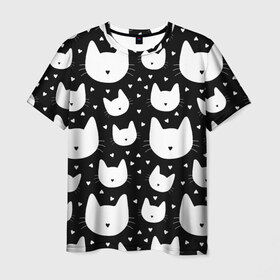Мужская футболка 3D с принтом Love Cats Pattern в Санкт-Петербурге, 100% полиэфир | прямой крой, круглый вырез горловины, длина до линии бедер | Тематика изображения на принте: белый | кот | котенок | котэ | котя | котята | кошка | любовь | мимими | паттерн | сердечки | сердце | силуэт | черный | я люблю кошек