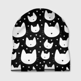 Шапка 3D с принтом Love Cats Pattern в Санкт-Петербурге, 100% полиэстер | универсальный размер, печать по всей поверхности изделия | Тематика изображения на принте: белый | кот | котенок | котэ | котя | котята | кошка | любовь | мимими | паттерн | сердечки | сердце | силуэт | черный | я люблю кошек