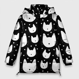 Женская зимняя куртка 3D с принтом Love Cats Pattern в Санкт-Петербурге, верх — 100% полиэстер; подкладка — 100% полиэстер; утеплитель — 100% полиэстер | длина ниже бедра, силуэт Оверсайз. Есть воротник-стойка, отстегивающийся капюшон и ветрозащитная планка. 

Боковые карманы с листочкой на кнопках и внутренний карман на молнии | белый | кот | котенок | котэ | котя | котята | кошка | любовь | мимими | паттерн | сердечки | сердце | силуэт | черный | я люблю кошек