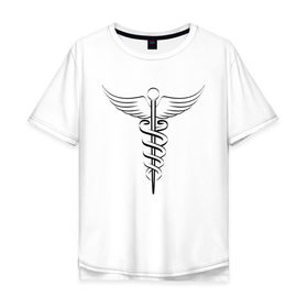Мужская футболка хлопок Oversize с принтом Кадуцей Black в Санкт-Петербурге, 100% хлопок | свободный крой, круглый ворот, “спинка” длиннее передней части | врач | доктор | женская | кадуцей | купить | лонгслив | майка | медик | медицина | мужская | подарок | символ | сувениры | толстовка | футболка