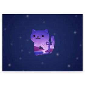 Поздравительная открытка с принтом Ночной Котик в Санкт-Петербурге, 100% бумага | плотность бумаги 280 г/м2, матовая, на обратной стороне линовка и место для марки
 | Тематика изображения на принте: cat | cats | kitten | kitty | night | pussy | sky | space | star | stars | звезда | звезды | космос | кот | котенок | котик | котики | коты | котята | кошка | кошки | небо | ночное | ночь