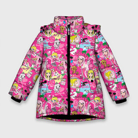 Зимняя куртка для девочек 3D с принтом Barbie and Tokidoki в Санкт-Петербурге, ткань верха — 100% полиэстер; подклад — 100% полиэстер, утеплитель — 100% полиэстер. | длина ниже бедра, удлиненная спинка, воротник стойка и отстегивающийся капюшон. Есть боковые карманы с листочкой на кнопках, утяжки по низу изделия и внутренний карман на молнии. 

Предусмотрены светоотражающий принт на спинке, радужный светоотражающий элемент на пуллере молнии и на резинке для утяжки. | Тематика изображения на принте: adios | barbie | brilliant | cat | dog | doll | girl | heart | heels | japan | palm | pony | tokidoki | адьос | барби | девушка | иногда | кот | кошка | кукла | пес | пони | собака | япония