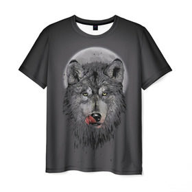 Мужская футболка 3D с принтом Волк Облизывается в Санкт-Петербурге, 100% полиэфир | прямой крой, круглый вырез горловины, длина до линии бедер | forest | grey | moon | werewolf | werewolfs | white | wolf | wolfs | белый | волк | волки | волчата | волченок | волчица | волчицы | лес | луна | оборотень | оборотни | серый | язык