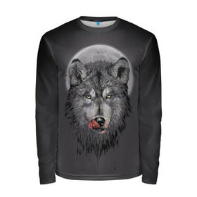 Мужской лонгслив 3D с принтом Волк Облизывается в Санкт-Петербурге, 100% полиэстер | длинные рукава, круглый вырез горловины, полуприлегающий силуэт | forest | grey | moon | werewolf | werewolfs | white | wolf | wolfs | белый | волк | волки | волчата | волченок | волчица | волчицы | лес | луна | оборотень | оборотни | серый | язык