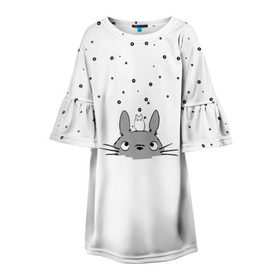 Детское платье 3D с принтом Totoro The Rain в Санкт-Петербурге, 100% полиэстер | прямой силуэт, чуть расширенный к низу. Круглая горловина, на рукавах — воланы | Тематика изображения на принте: аниме | дождь | тоторо