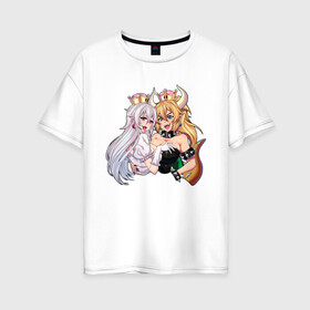 Женская футболка хлопок Oversize с принтом Bowsette and Booette в Санкт-Петербурге, 100% хлопок | свободный крой, круглый ворот, спущенный рукав, длина до линии бедер
 | booette | bowser | bowsette | bros | luigi | mario | nintendo | super | боузер | боузетта | купа | луиджи | марио | супер