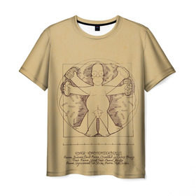 Мужская футболка 3D с принтом Гомер Да Винчи в Санкт-Петербурге, 100% полиэфир | прямой крой, круглый вырез горловины, длина до линии бедер | homer | jay | simpson | бублик | витрувианский | джей | плюшка | пончик | пульт | симпсон | хот дог | человек