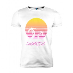 Мужская футболка премиум с принтом Retro sunrise в Санкт-Петербурге, 92% хлопок, 8% лайкра | приталенный силуэт, круглый вырез ворота, длина до линии бедра, короткий рукав | retro | sunrise | пальмы | розовый | солнце