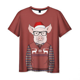 Мужская футболка 3D с принтом New Year Pig в Санкт-Петербурге, 100% полиэфир | прямой крой, круглый вырез горловины, длина до линии бедер | Тематика изображения на принте: 2019 | merry christmas | new year | год свиньи | зима | новый год | поросенок | праздник | рождество | свинка | свинья