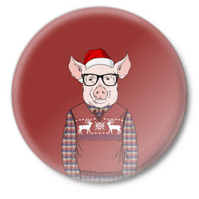 Значок с принтом New Year Pig в Санкт-Петербурге,  металл | круглая форма, металлическая застежка в виде булавки | 2019 | merry christmas | new year | год свиньи | зима | новый год | поросенок | праздник | рождество | свинка | свинья