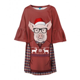 Детское платье 3D с принтом New Year Pig в Санкт-Петербурге, 100% полиэстер | прямой силуэт, чуть расширенный к низу. Круглая горловина, на рукавах — воланы | 2019 | merry christmas | new year | год свиньи | зима | новый год | поросенок | праздник | рождество | свинка | свинья