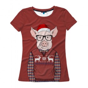 Женская футболка 3D с принтом New Year Pig в Санкт-Петербурге, 100% полиэфир ( синтетическое хлопкоподобное полотно) | прямой крой, круглый вырез горловины, длина до линии бедер | 2019 | merry christmas | new year | год свиньи | зима | новый год | поросенок | праздник | рождество | свинка | свинья