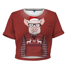 Женская футболка 3D укороченная с принтом New Year Pig в Санкт-Петербурге, 100% полиэстер | круглая горловина, длина футболки до линии талии, рукава с отворотами | 2019 | merry christmas | new year | год свиньи | зима | новый год | поросенок | праздник | рождество | свинка | свинья