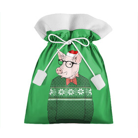 Подарочный 3D мешок с принтом New Year Hipster Pig в Санкт-Петербурге, 100% полиэстер | Размер: 29*39 см | Тематика изображения на принте: 2019 | merry christmas | new year | год свиньи | зима | новый год | поросенок | праздник | рождество | свинка | свинья