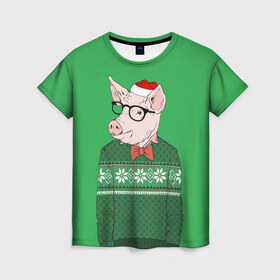 Женская футболка 3D с принтом New Year Hipster Pig в Санкт-Петербурге, 100% полиэфир ( синтетическое хлопкоподобное полотно) | прямой крой, круглый вырез горловины, длина до линии бедер | 2019 | merry christmas | new year | год свиньи | зима | новый год | поросенок | праздник | рождество | свинка | свинья