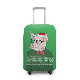 Чехол для чемодана 3D с принтом New Year Hipster Pig в Санкт-Петербурге, 86% полиэфир, 14% спандекс | двустороннее нанесение принта, прорези для ручек и колес | 2019 | merry christmas | new year | год свиньи | зима | новый год | поросенок | праздник | рождество | свинка | свинья