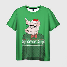 Мужская футболка 3D с принтом New Year Hipster Pig в Санкт-Петербурге, 100% полиэфир | прямой крой, круглый вырез горловины, длина до линии бедер | 2019 | merry christmas | new year | год свиньи | зима | новый год | поросенок | праздник | рождество | свинка | свинья