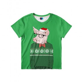 Детская футболка 3D с принтом New Year Hipster Pig в Санкт-Петербурге, 100% гипоаллергенный полиэфир | прямой крой, круглый вырез горловины, длина до линии бедер, чуть спущенное плечо, ткань немного тянется | 2019 | merry christmas | new year | год свиньи | зима | новый год | поросенок | праздник | рождество | свинка | свинья