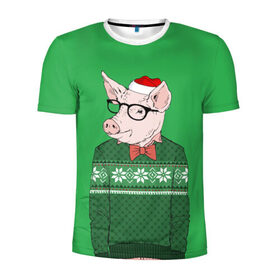 Мужская футболка 3D спортивная с принтом New Year Hipster Pig в Санкт-Петербурге, 100% полиэстер с улучшенными характеристиками | приталенный силуэт, круглая горловина, широкие плечи, сужается к линии бедра | Тематика изображения на принте: 2019 | merry christmas | new year | год свиньи | зима | новый год | поросенок | праздник | рождество | свинка | свинья