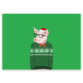 Поздравительная открытка с принтом New Year Hipster Pig в Санкт-Петербурге, 100% бумага | плотность бумаги 280 г/м2, матовая, на обратной стороне линовка и место для марки
 | Тематика изображения на принте: 2019 | merry christmas | new year | год свиньи | зима | новый год | поросенок | праздник | рождество | свинка | свинья