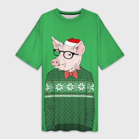 Платье-футболка 3D с принтом New Year Hipster Pig в Санкт-Петербурге,  |  | 2019 | merry christmas | new year | год свиньи | зима | новый год | поросенок | праздник | рождество | свинка | свинья